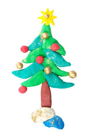 Plasticine christmas tree with star isolated on white background. Gold and red christmas ball. Kids artwork.の写真素材