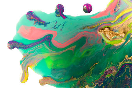 Bright mixed inks spilled on white background