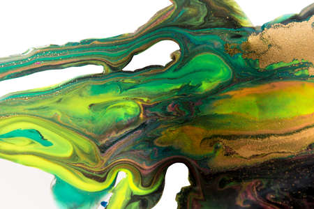 Bright mix paint spilled on white background with golden glitter