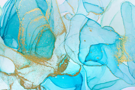 Alcohol ink blue abstract background. Ocean style watercolor texture. Blue and gold paint stains...