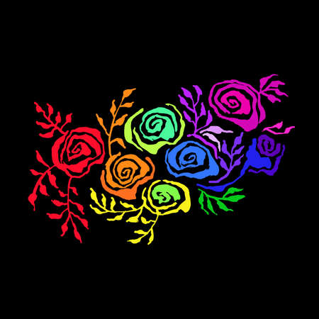 Abstract grunge ink flower rainbow background. Roses and leaves brush pattern. Vector illustration.のイラスト素材