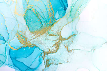 Alcohol ink blue abstract background. Ocean style watercolor texture. Blue and gold paint stains illustrationの写真素材