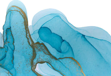 Alcohol ink blue and gold texture isolated on white background. Ocean style watercolor texture.