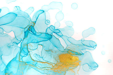 Alcohol ink blue and gold abstract background. Ocean style watercolor texture.の写真素材