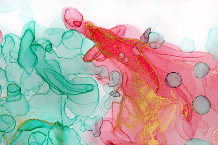 Green and pink pattern isolated on white background. Transparent watercolor texture. Pink, green and...