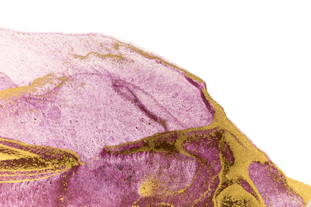 Abstract purple stains on white background. Violet and gold watercolor ink pattern.