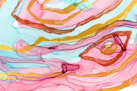 Blue and pink abstract stains with golden stripes. Watercolor marble imitation.