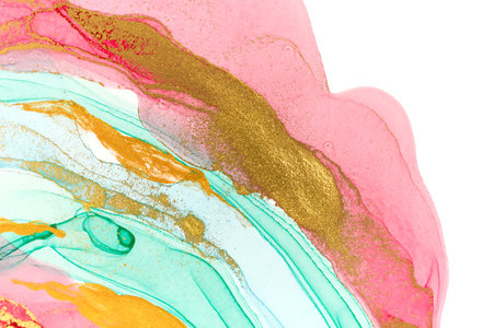 Abstract layers of pink paint on white background. Pink, green, blue and gold watercolor pattern.の写真素材
