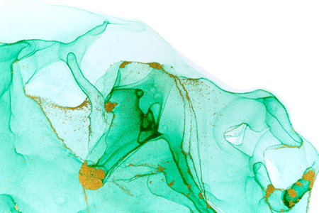 Alcohol ink green and gold abstract stains on white background. Drops watercolor transparent texture.の写真素材