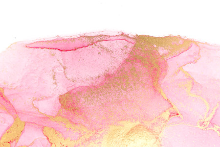Alcohol ink red and gold abstract stains on white background. Drops watercolor transparent texture.の写真素材