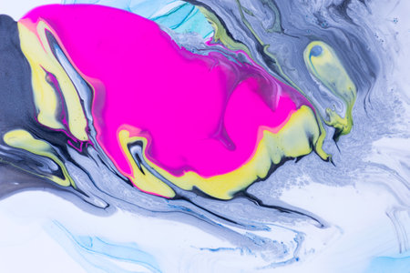 Pink, gold and grey mixed inks spilled on white paper background. Golden glitter texture.の写真素材