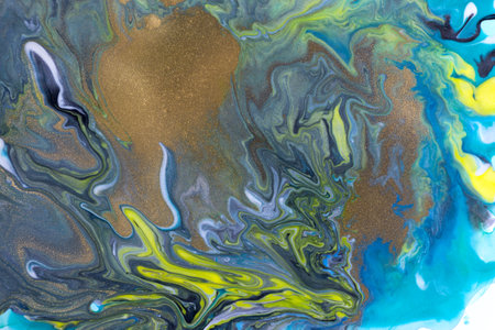 Gold, blue and yellow marbling pattern. Marble liquid texture.