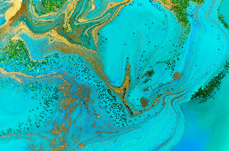 Marbled blue, green and gold abstract background. Liquid marble pattern.