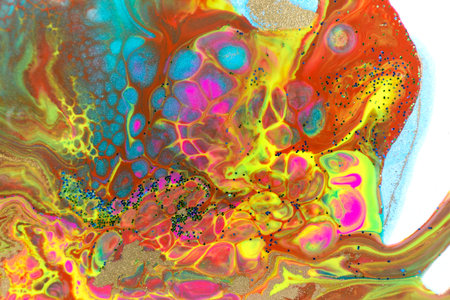 Neon colored marble pattern with golden glitter. Fluorescent liquid background. Artwork abstract...