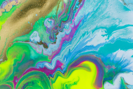 Neon colored marble pattern with golden glitter. Fluorescent liquid background. Artwork abstract...