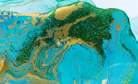 Marbled blue, green and gold abstract background. Liquid marble pattern.の写真素材