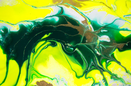 Green and yellow marble abstract acrylic background. Marbling artwork texture. Agate ripple pattern. Gold powder.の写真素材