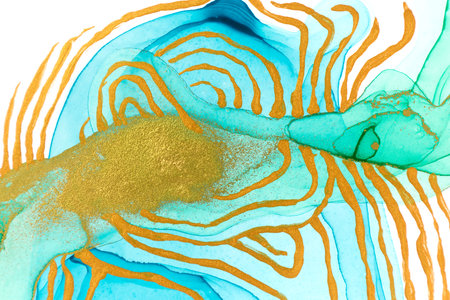 Abstract layers of blue watercolor paint background. Blue and gold wave texture.の写真素材