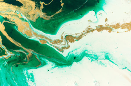 Green and gold marble abstract acrylic background. Marbling artwork texture. Agate ripple pattern. Gold powder.の写真素材