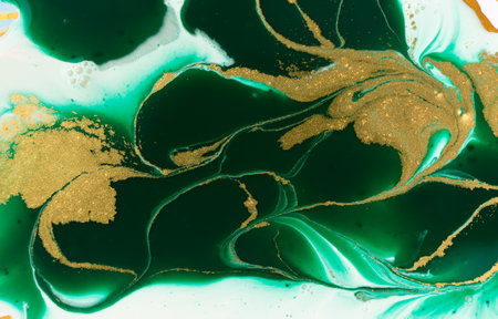 Green and gold marble abstract acrylic background. Marbling artwork texture. Agate ripple pattern....