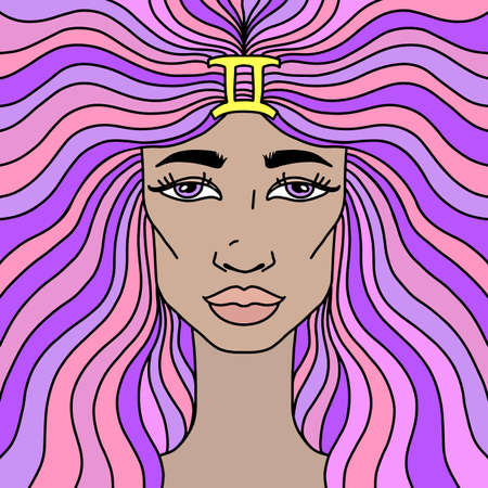 Gemini girl portrait with violet and pink hair. Zodiac sign. Vector illustration.のイラスト素材