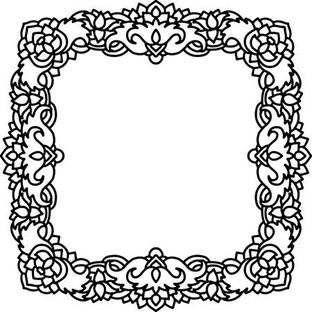 Abstract mandala frame. Asian leaves pattern. Black and white authentic background. Vector illustration.のイラスト素材