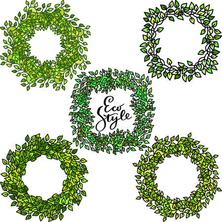 Set of green ecology leaves frames. Eco style templates. Vector illustrationのイラスト素材