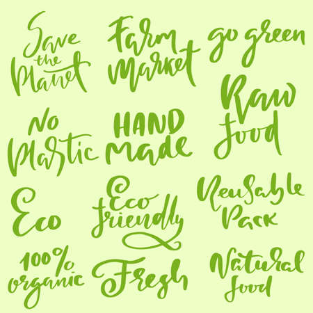 Set of brush calligraphy. Eco style templates. Modern lettering. Vector illustrationのイラスト素材