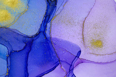 Abstract dark violet stains background. Purple and gold watercolor ink pattern. Copyspace.の写真素材