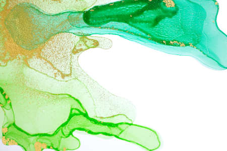 Green transparent watercolor ink with gold glitter scattering isolated on white background.