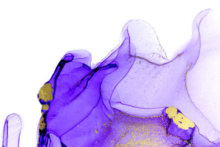 Abstract purple stains on white background. Violet and gold watercolor ink pattern. Copyspace.の写真素材