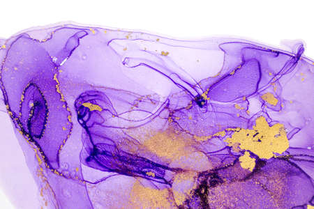 Transparent dark violet watercolor drops background with gold glitter.の写真素材
