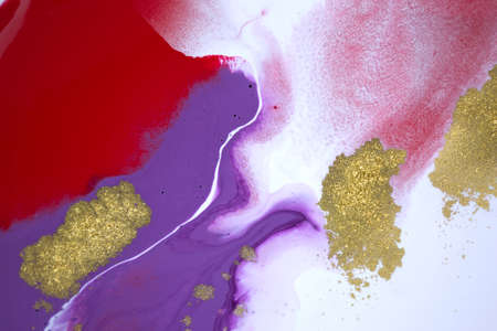Marble crimson and purple agate ripple background. Artwork texture with gold glitter.の写真素材