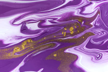 Mixed ink artwork texture. Liquid marble violet background with gold layers.の写真素材