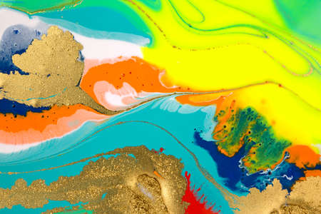 Abstract bright marble pattern with golden glitter. Fluorescent artwork liquid paint background.の写真素材