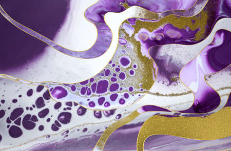 Ink wave marble texture. Gold and purple liquid abstract background.