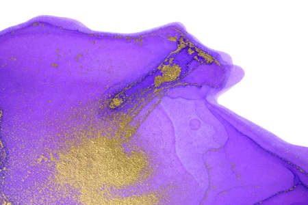 Smudges of purple watercolor paint interspersed with gold particles on white backgroundの写真素材