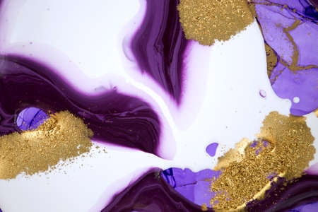 Marble purple acrylic texture with gold glitter. Close up liquid ink background.