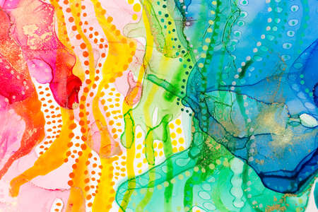 Watercolor rainbow abstract stains and dots background. Ink gradient texture.