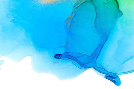 Alcohol ink blue transparent ink drops isolated on white background.の写真素材