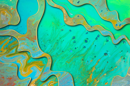 Marble blue and green abstract background with gold gradient bordersの写真素材