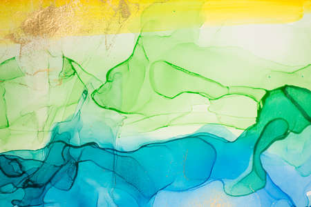 Watercolor blue and green abstract stains background. Ink gradient texture.