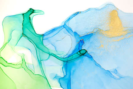Watercolor green and blue abstract stains background. Ink gradient texture.の写真素材