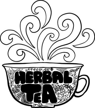 Herbal tea cup modern lettering poster. Black and white flowers and leaves pattern. Vector illustration.のイラスト素材
