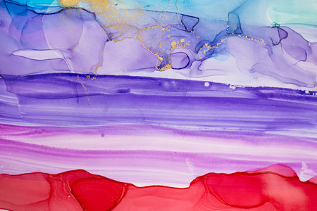 Watercolor red and purple abstract gradient pattern with gold dust.の写真素材