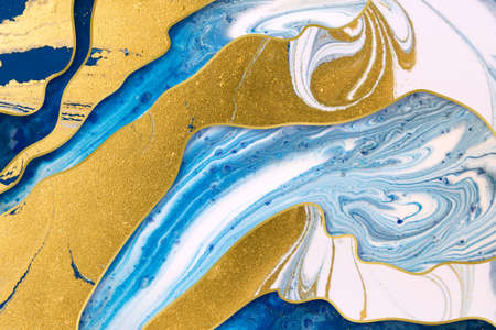 Marble blue ink and gold dust abstract background with gold gradient bordersの写真素材