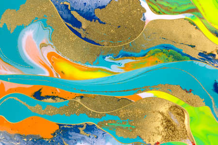 Marble yellow and blue abstract background with gold gradient bordersの写真素材