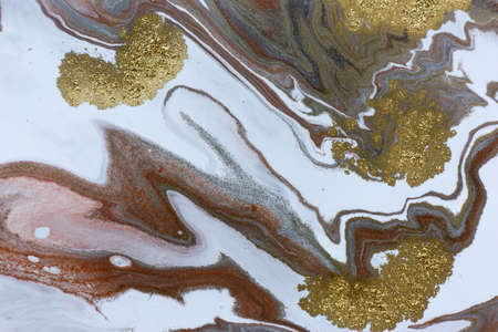 White, gold, copper and black ripple pattern. Marble abstract texture with gold particles.