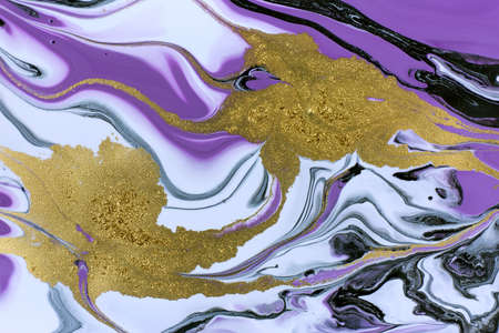 Ink gold and purple marble texture. Acrylic handmade wave background. Unique art liquid...