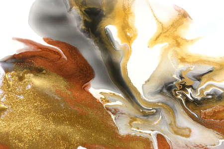 White, gold, copper and black ripple pattern. Marble abstract texture with gold particles.